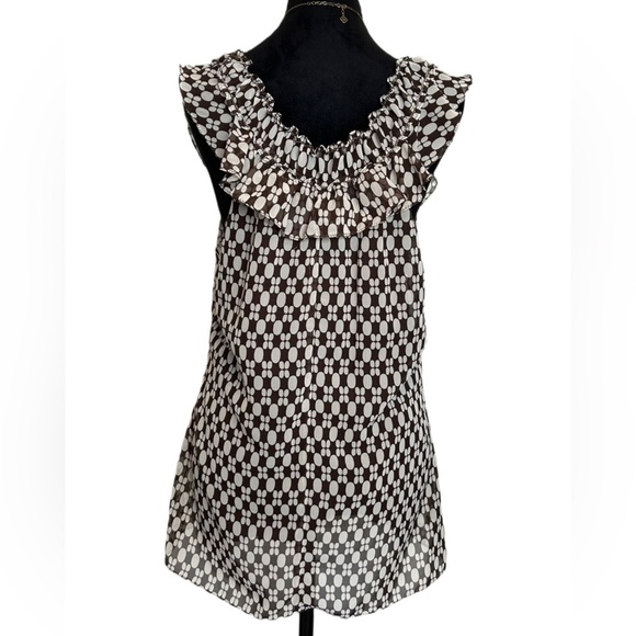 NWT 🆕 Max Edition Medium Ruffled Round Neck Brown & White Short Sleeve Blouse - Picture 5 of 9